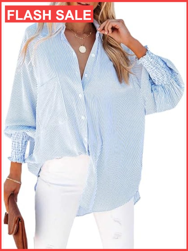 Smocked Cuffed Striped Oversized Button Down Blouse With Pocket